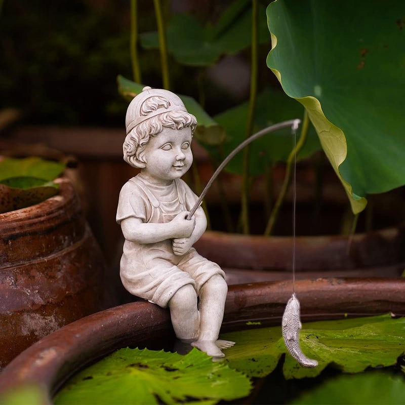 Goodeco Fisherboy Statue Garden Decor - 11" Little Fishing Guy for Koi Pond or Waterfalls, Poolside Statue with Glow in Dark Pebbles Included, Great Gifts for Mom, Women or Birthdays, Gift Ideas - Image 5